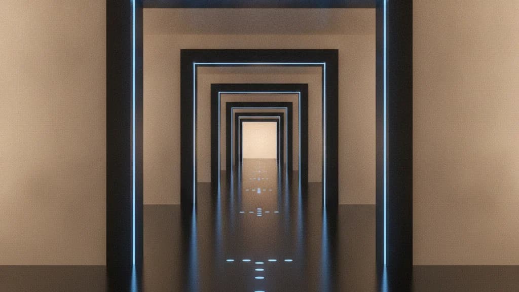 A dark corridor of four illuminated gates receding toward a bright vanishing point