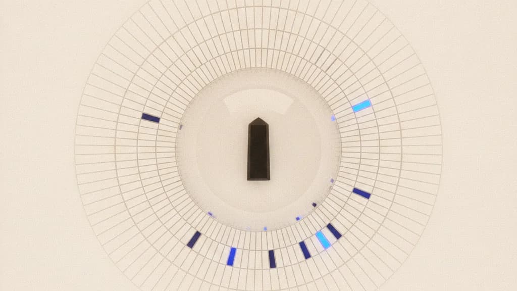 A lattice of thousands of small cards fanning out from a single sealed definition
