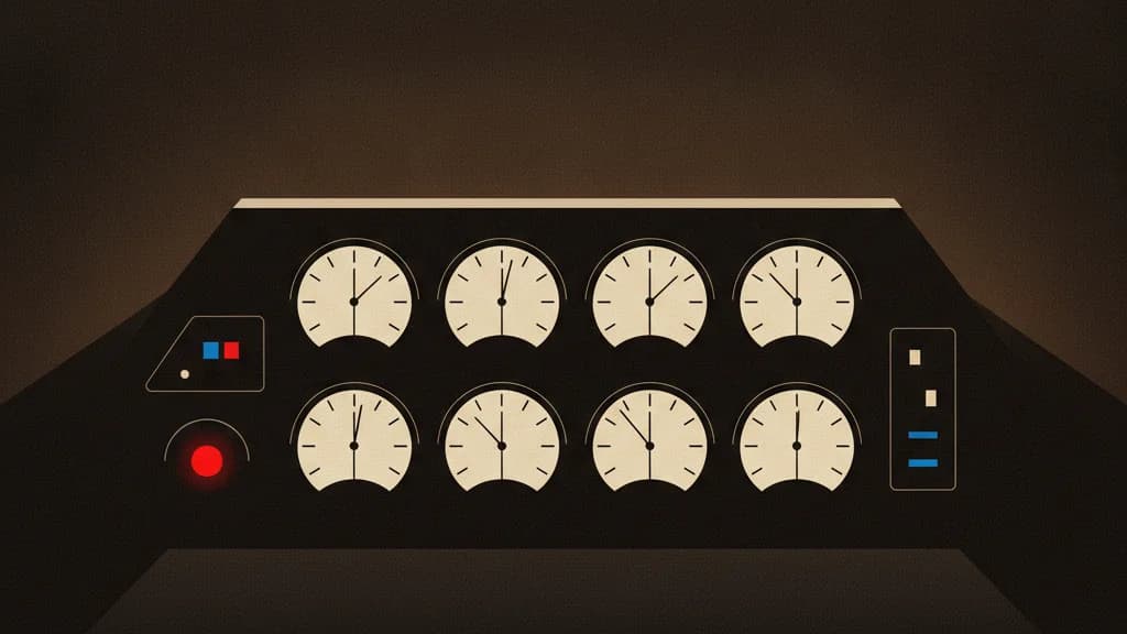 An instrument panel of gauges under stress, all needles holding steady