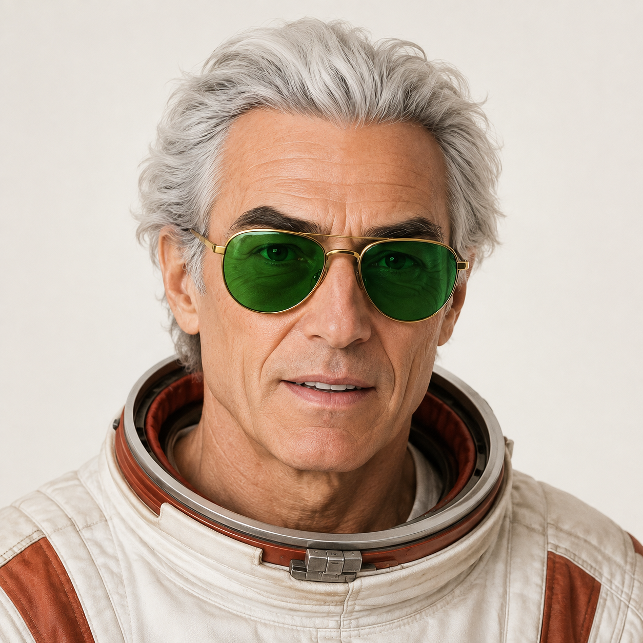 Benedict O’Mahoney in an astronaut-inspired suit, an AI-edited portrait